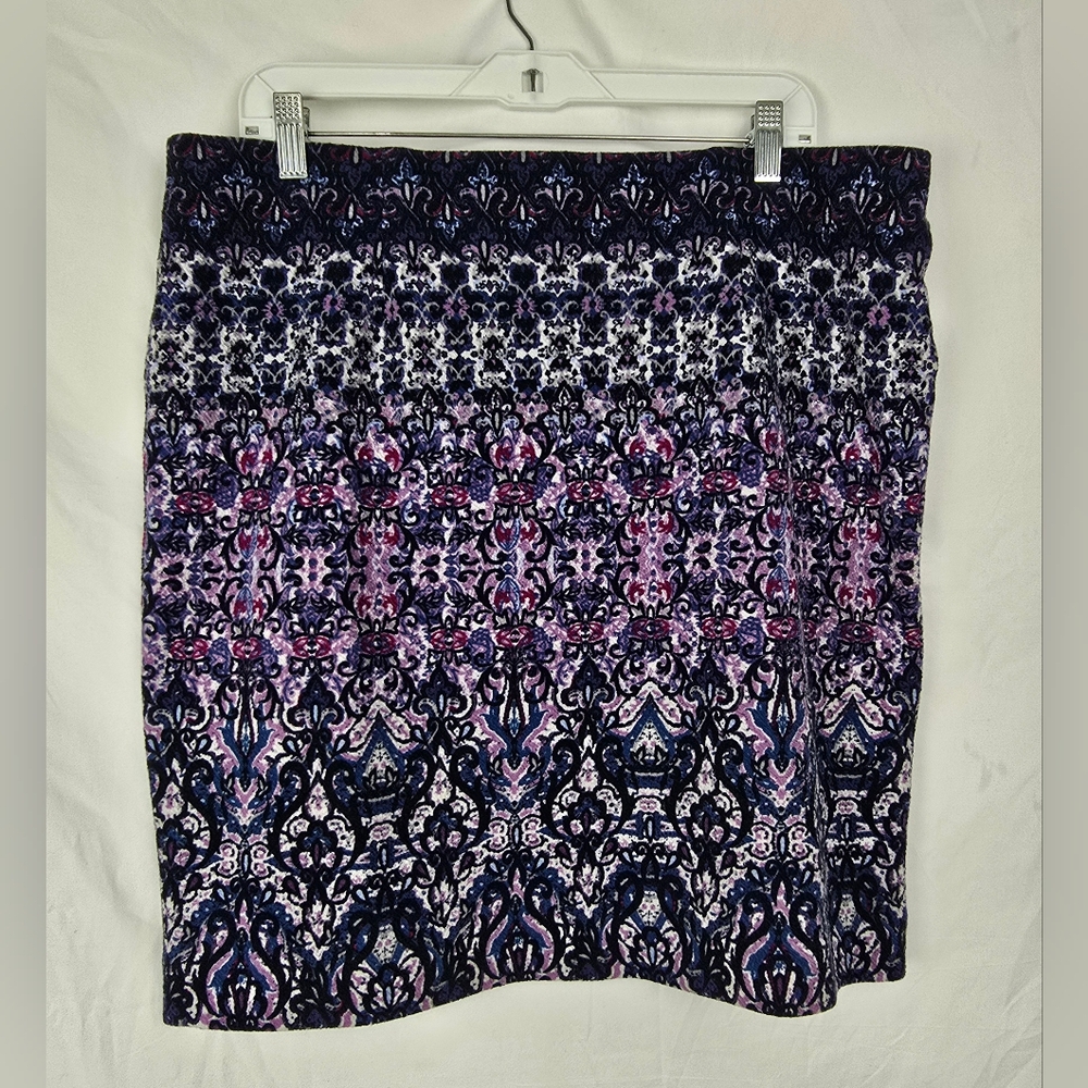 J. Jill Ponte Knit Pencil Skirt Purple Paisley Print Pull On Stretch Waist PL